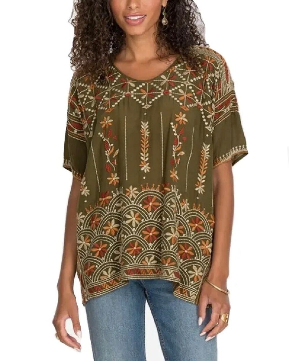 JOHNNY WAS Aubrey Embroidered Short Sleeve Crewneck Blouse GREEN Size Small